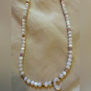 Mother of Pearl Initial C with round mother of pearl chain necklace